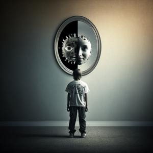 Eine Person schaut in den Spiegel und sieht sowohl positive als auch negative Wörter oder Symbole reflektiert.