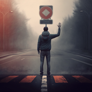 Eine Person steht vor einer imaginären Linie und hebt die Hand zum Stop-Zeichen.