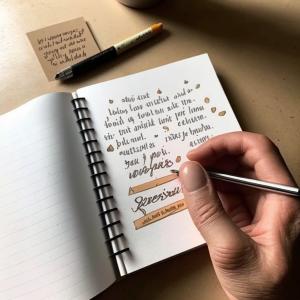 Eine Person schreibt positive Affirmationen auf kleine Zettel oder in ein Notizbuch.